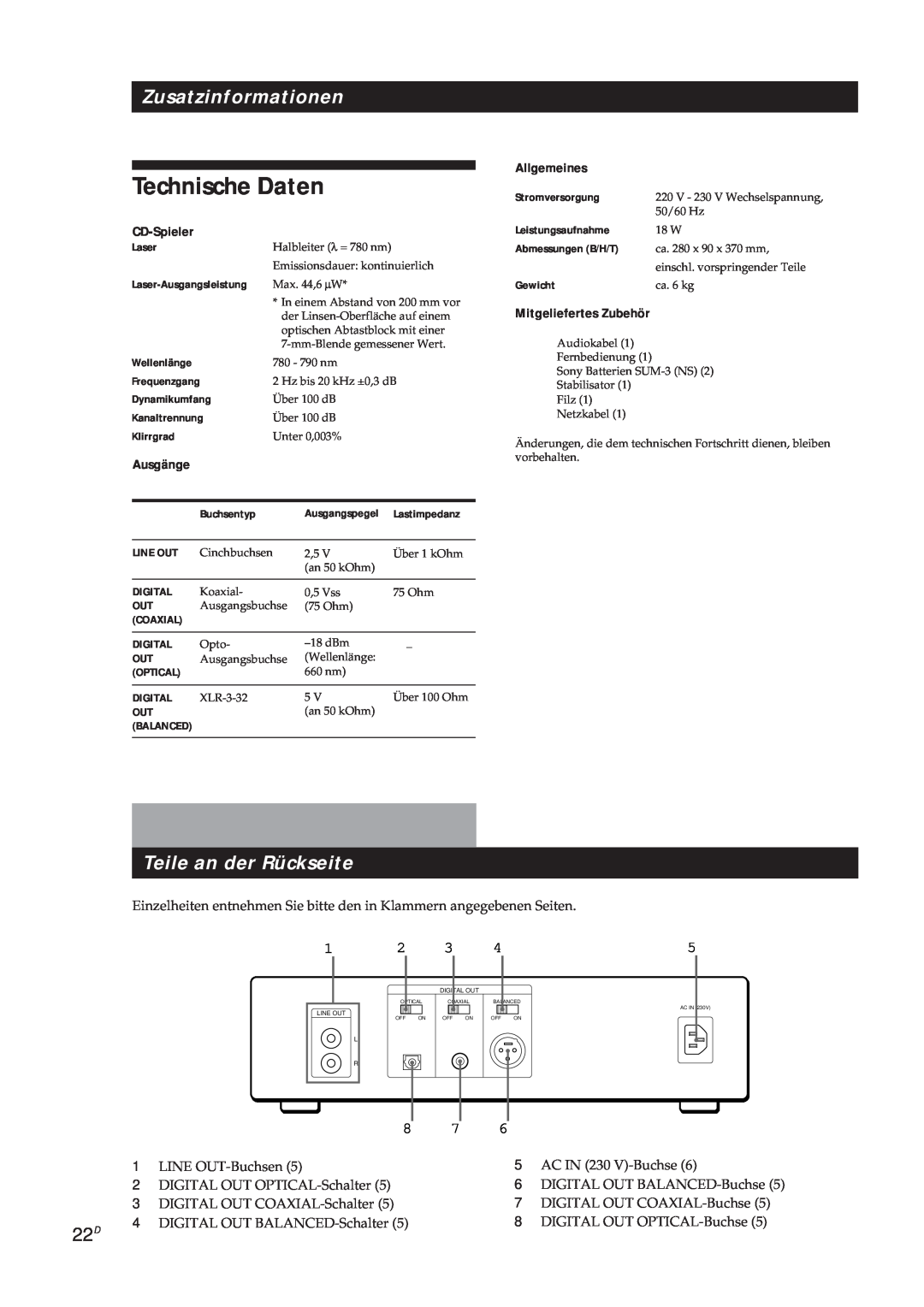 Sony CDP-X5000 manual Technische Daten, Zusatzinformationen, Teile an der Rückseite, CD-Spieler, Ausgänge, Allgemeines 