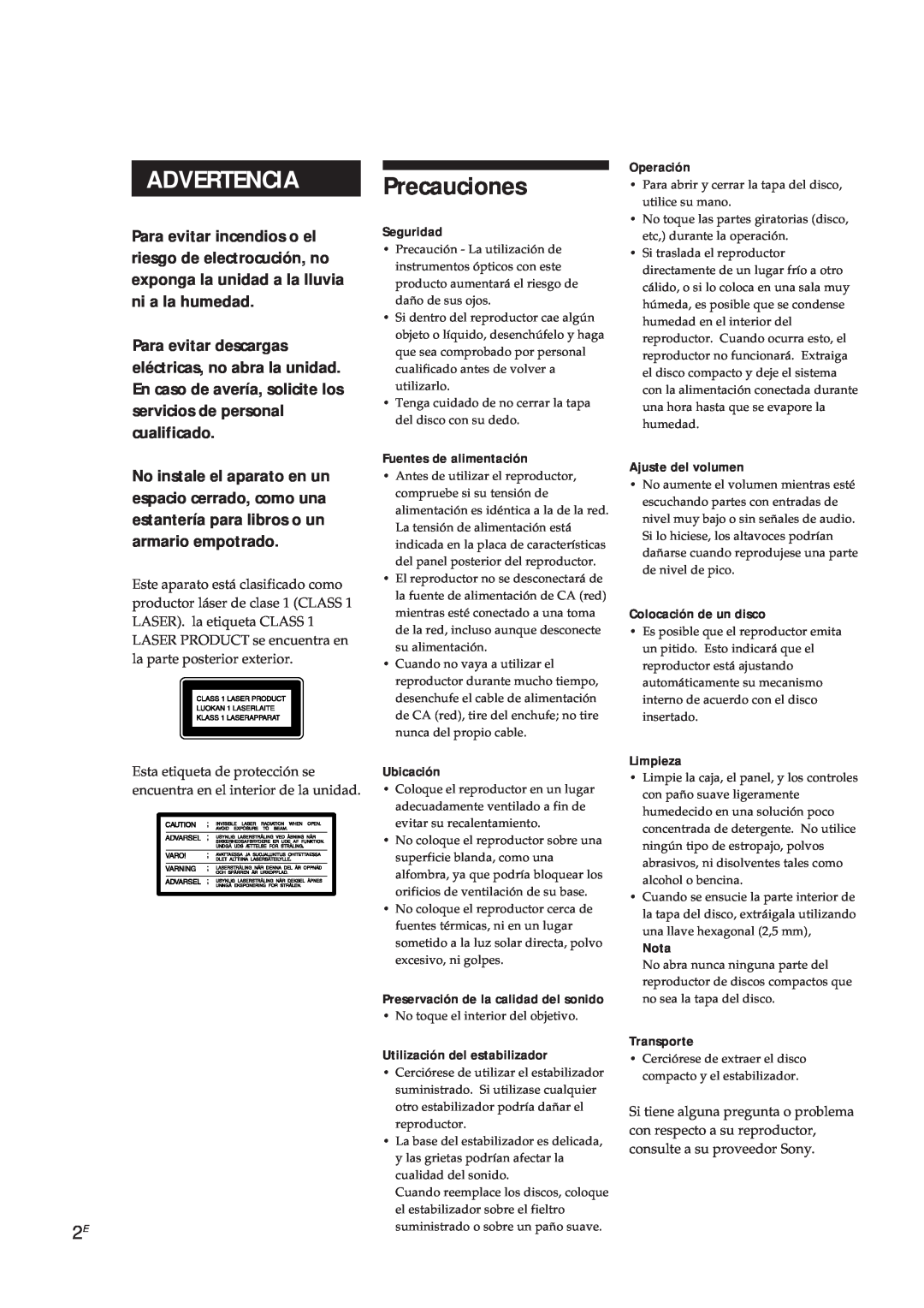 Sony CDP-X5000 manual Advertencia, Precauciones 