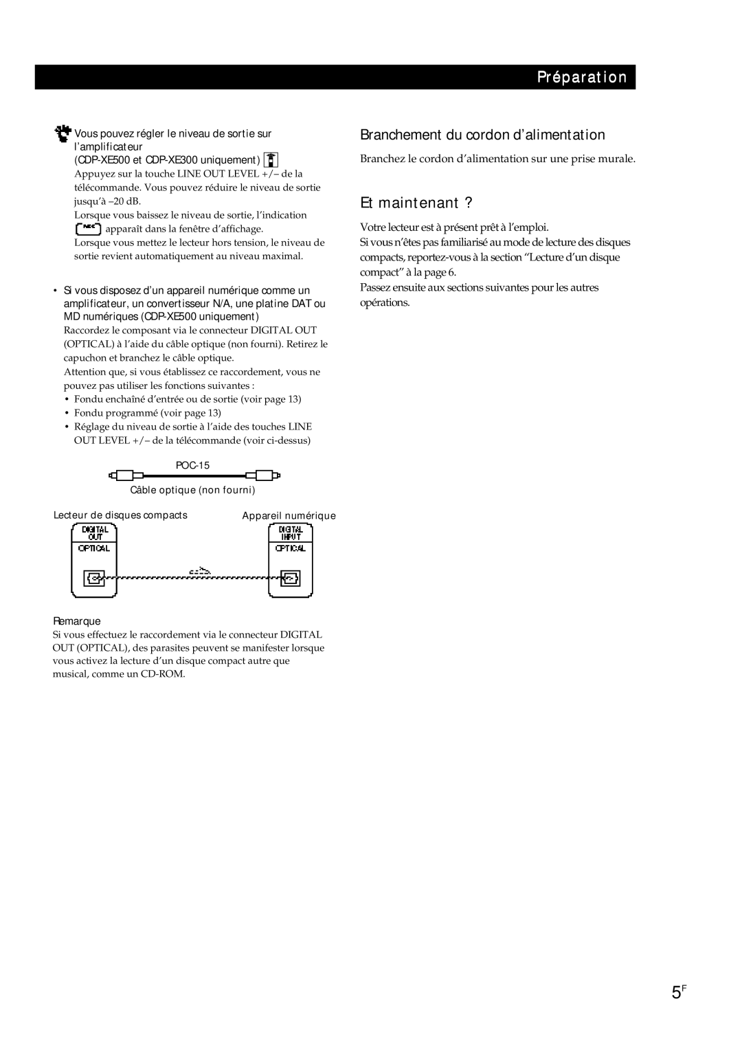 Sony CDP-XE300 Branchement du cordon d’alimentation, Remarque, POC-15 Câble optique non fourni Lecteur de disques compacts 