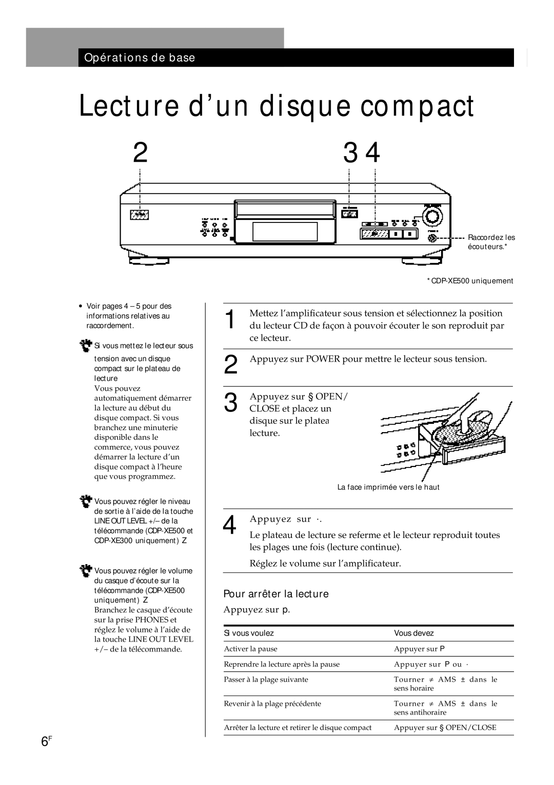 Sony CDP-XE500, CDP-XE200 manual Opérations de base, Si vous voulez Vous devez, Écouteurs, La face imprimée vers le haut 