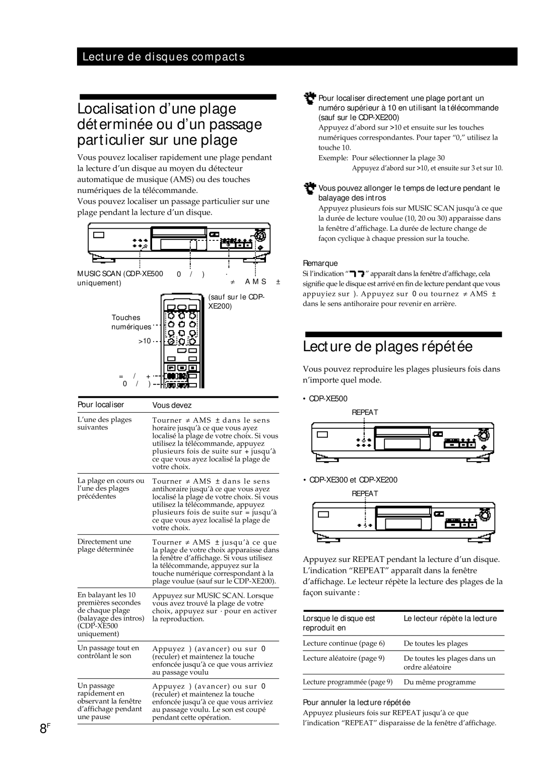 Sony CDP-XE300, CDP-XE500 manual Lecture de plages répétée, Pour localiser Vous devez, Lorsque le disque est, Reproduit en 