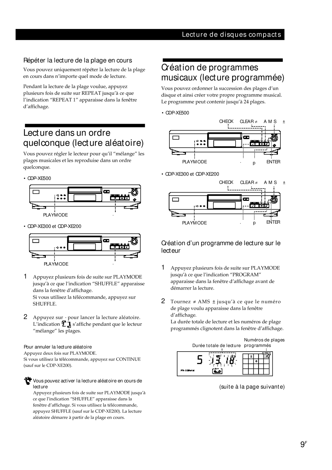 Sony CDP-XE500, CDP-XE200 manual Répéter la lecture de la plage en cours, Création d’un programme de lecture sur le lecteur 