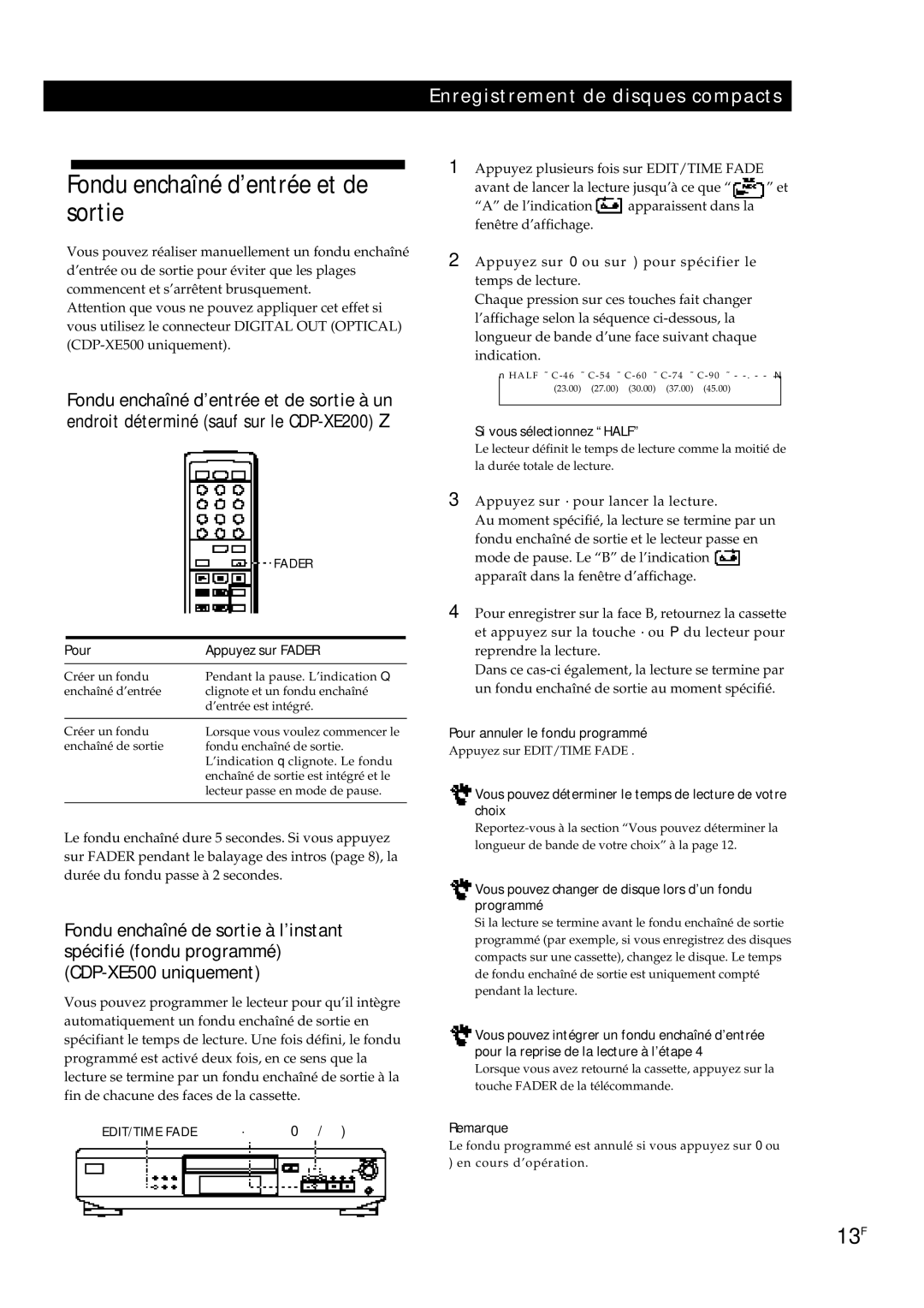 Sony CDP-XE200, CDP-XE500 Fondu enchaîné d’entrée et de sortie, Pour Appuyez sur Fader, Pour annuler le fondu programmé 