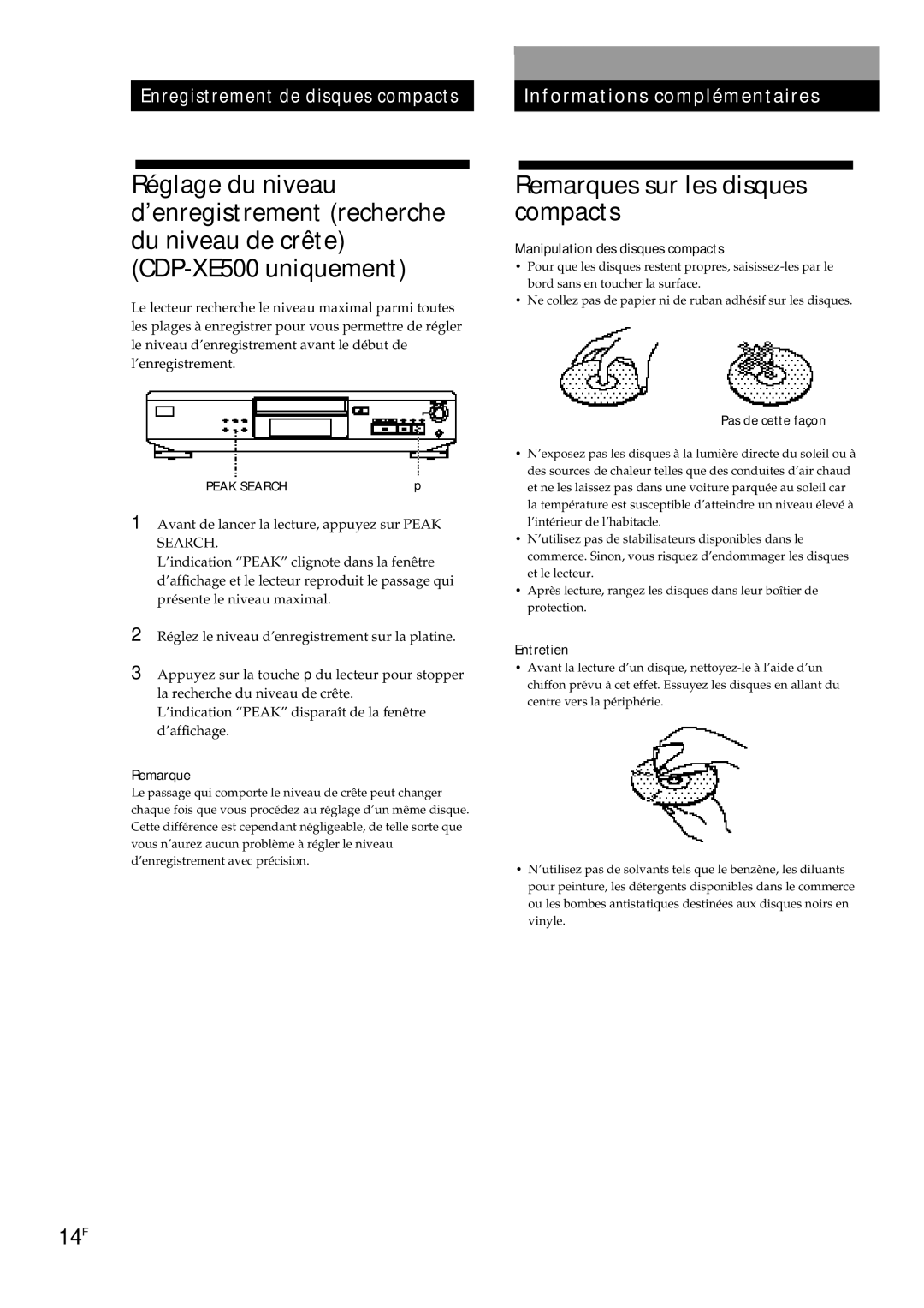 Sony CDP-XE300, CDP-XE500 manual Remarques sur les disques compacts, Manipulation des disques compacts, Pas de cette façon 