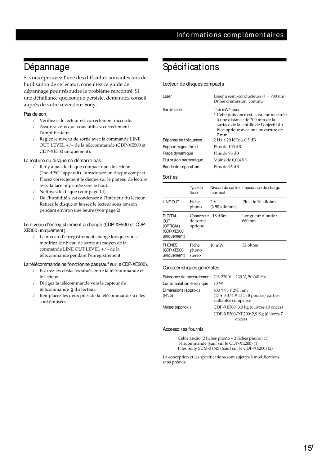 Sony CDP-XE500, CDP-XE200, CDP-XE300 manual Dépannage, Spécifications, Informations complémentaires 