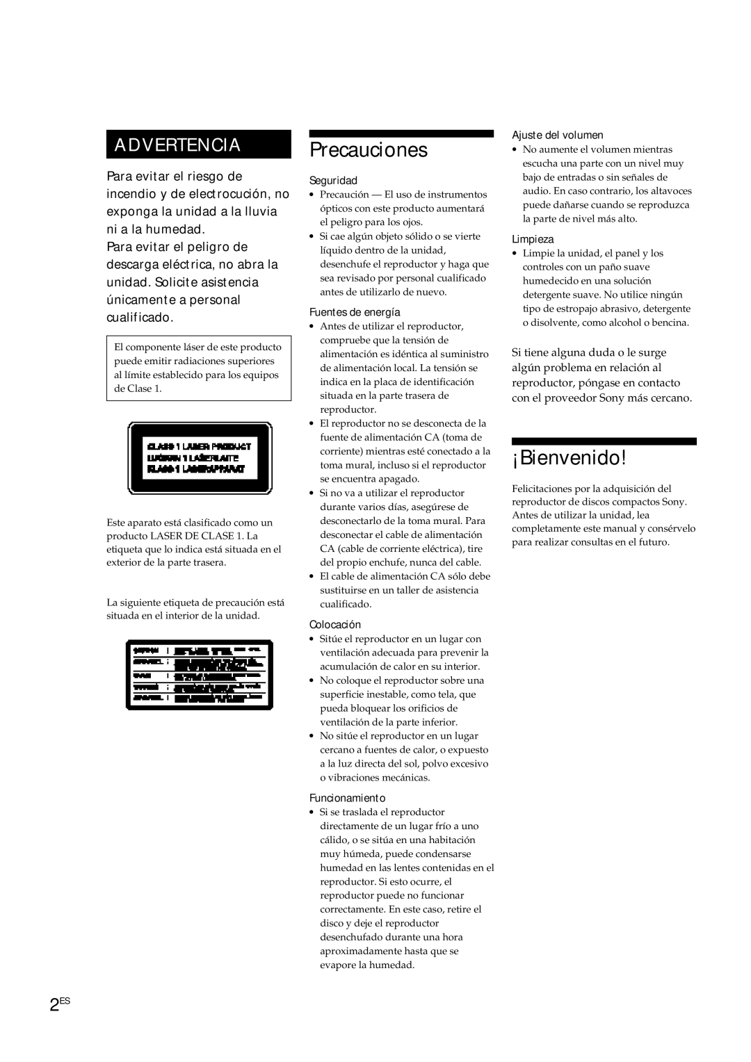 Sony CDP-XE300, CDP-XE500, CDP-XE200 manual Precauciones, ¡Bienvenido 