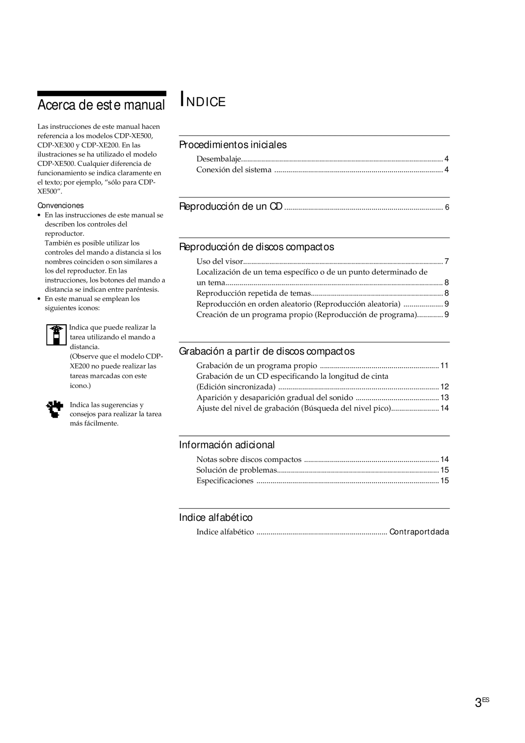 Sony CDP-XE500 manual Procedimientos iniciales, Reproducción de discos compactos, Grabación a partir de discos compactos 