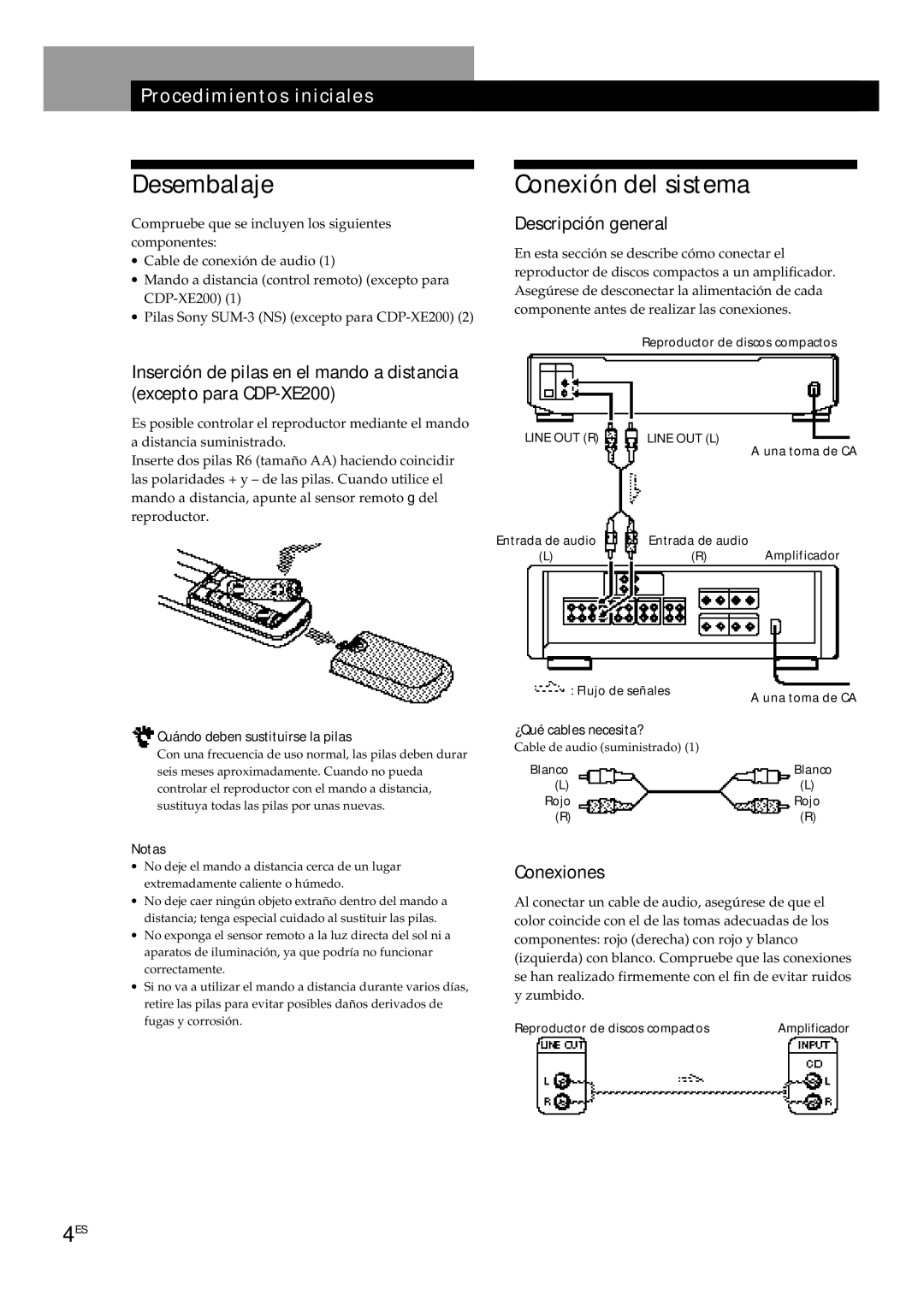 Sony CDP-XE200, CDP-XE500, CDP-XE300 manual Desembalaje, Conexión del sistema, Descripción general, Conexiones 