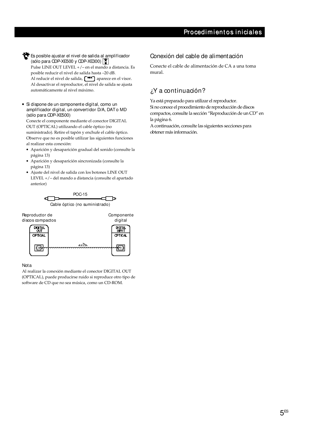 Sony CDP-XE300, CDP-XE500, CDP-XE200 Procedimientos iniciales, Conexión del cable de alimentación, Nota, Discos compactos 