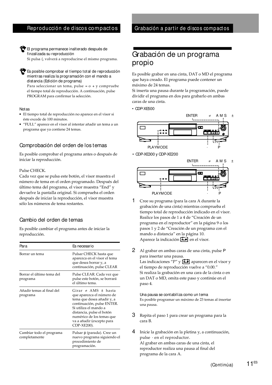 Sony CDP-XE300, CDP-XE500 Grabación de un programa propio, Comprobación del orden de los temas, Cambio del orden de temas 