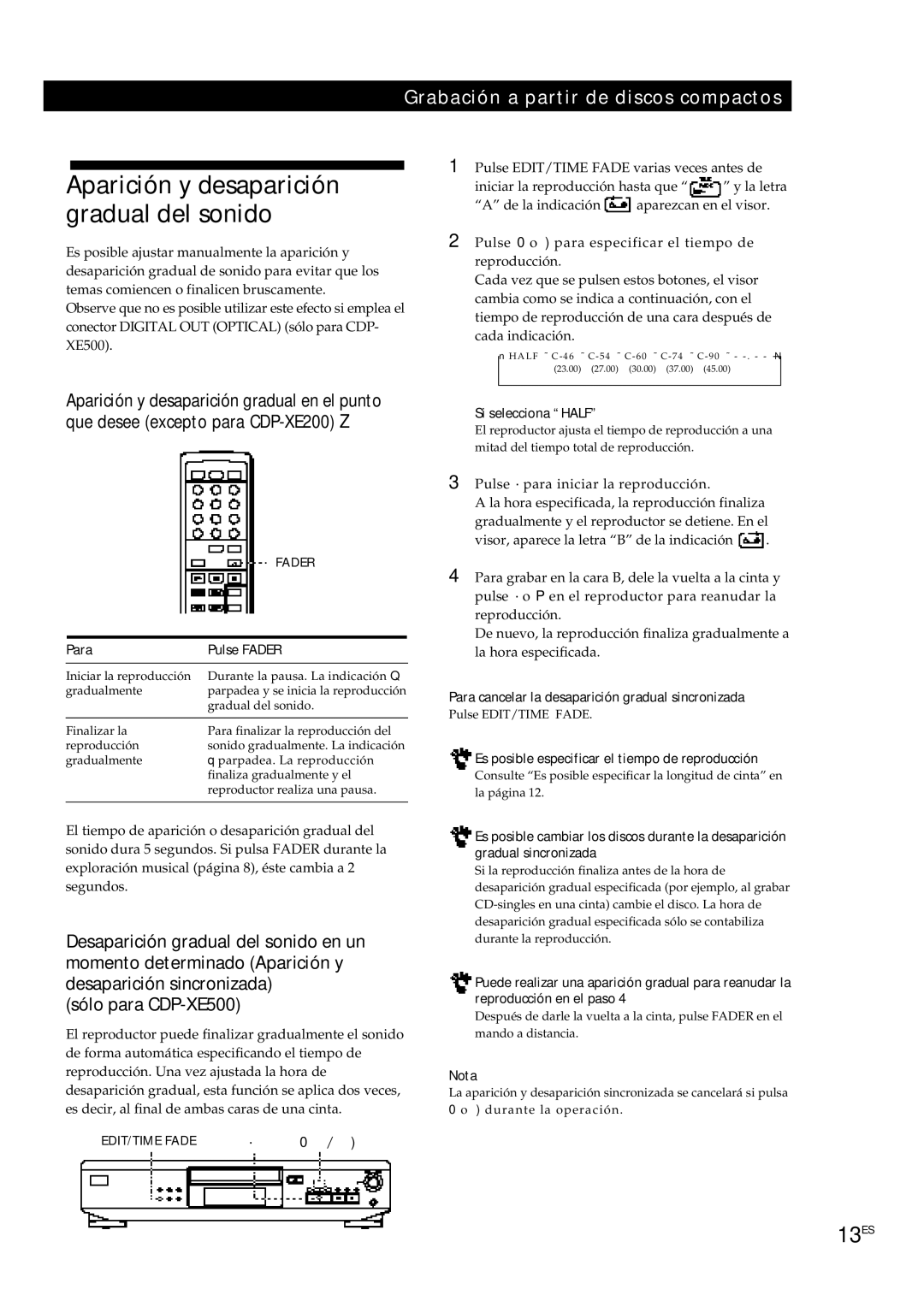 Sony CDP-XE200, CDP-XE300 manual Aparición y desaparición, Gradual del sonido, Sólo para CDP-XE500 
