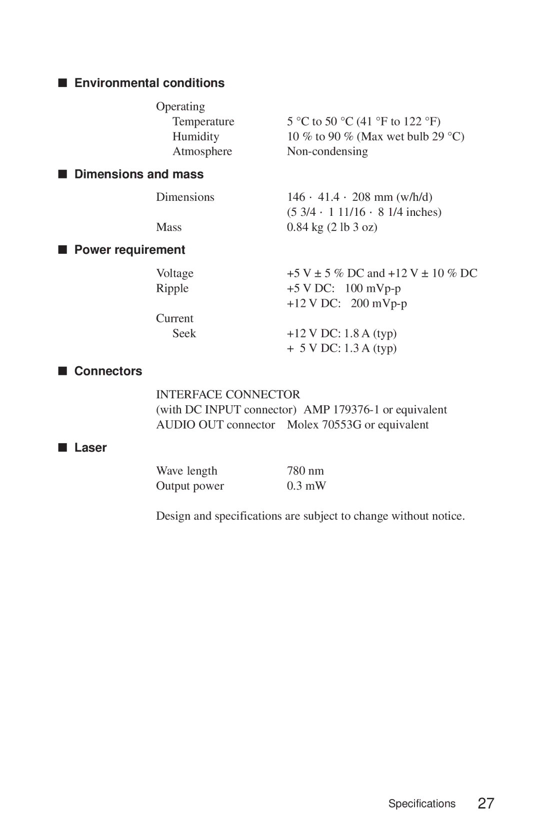 Sony CDU625 manual Environmental conditions, Dimensions and mass, Power requirement, Connectors, Laser 