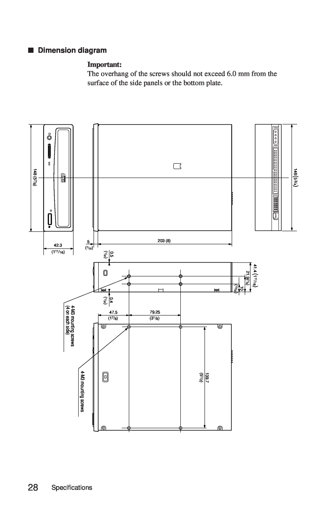 Sony CDU625 manual Dimension diagram, Specifications 