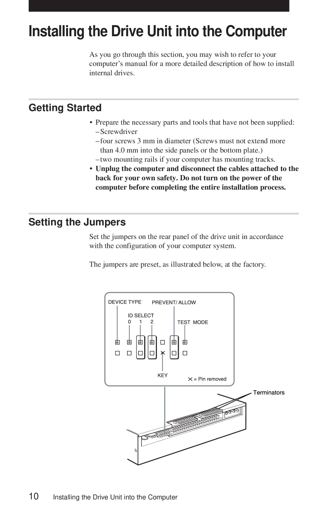 Sony CDU948S manual Getting Started, Setting the Jumpers 