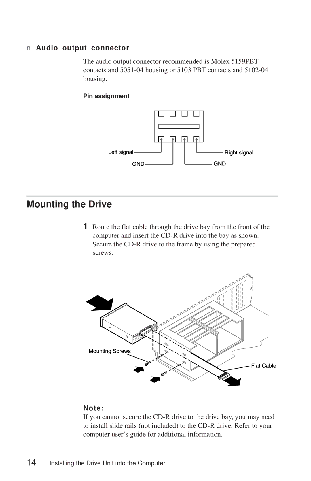 Sony CDU948S manual Mounting the Drive, Audio output connector 