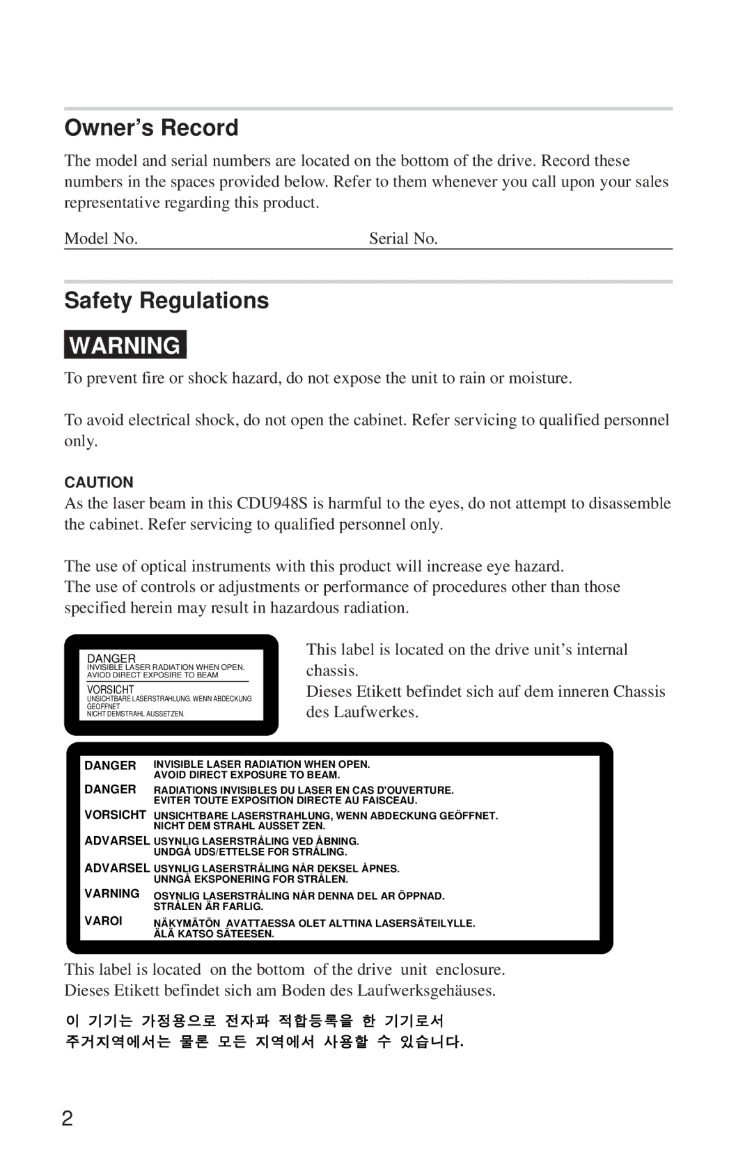 Sony CDU948S manual Owner’s Record, Safety Regulations 