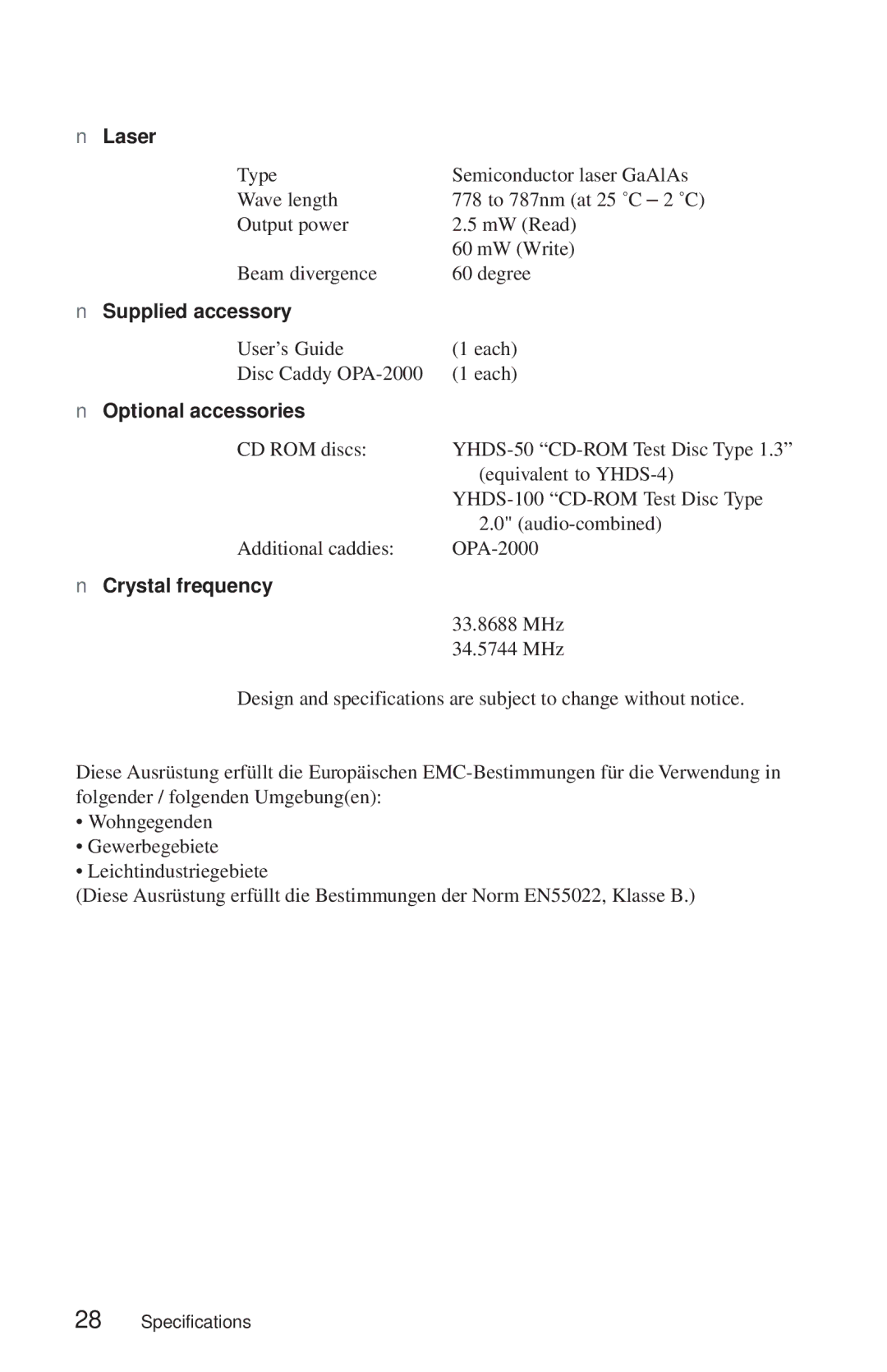 Sony CDU948S manual Laser, Supplied accessory, Optional accessories, Crystal frequency 