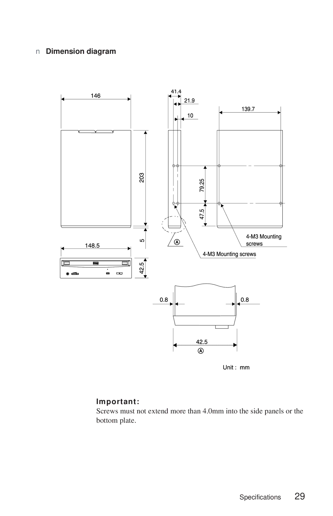 Sony CDU948S manual Dimension diagram 