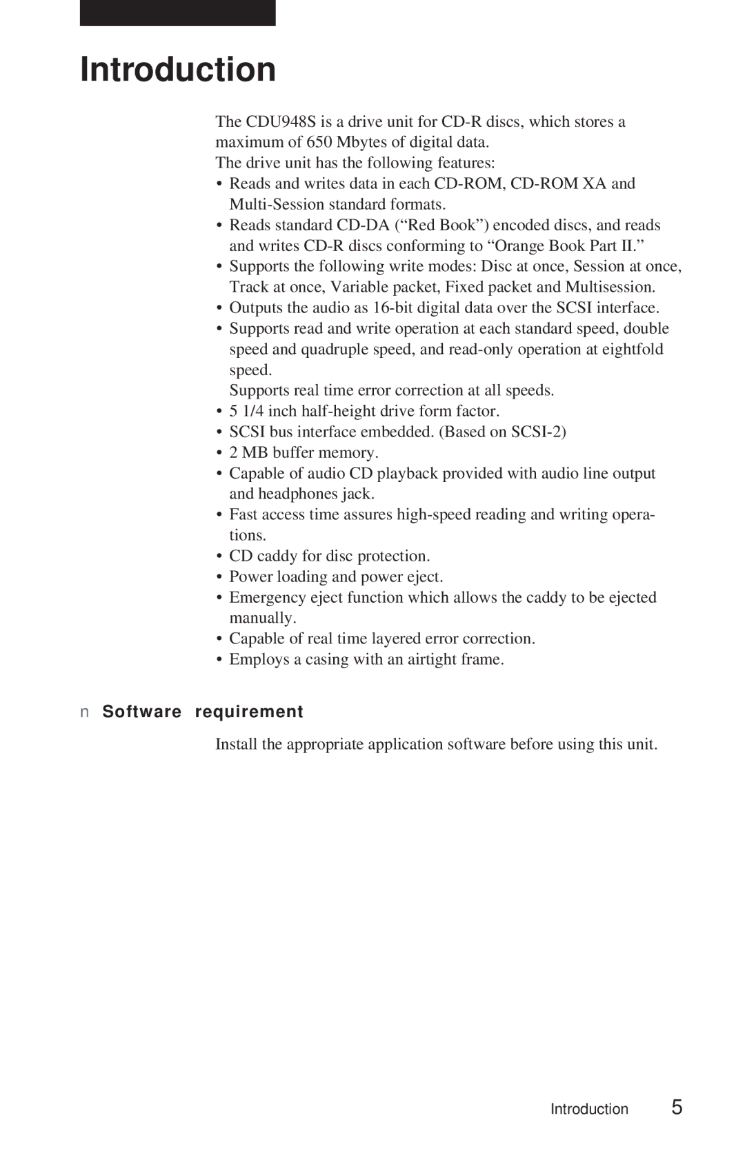 Sony CDU948S manual Introduction, Software requirement 