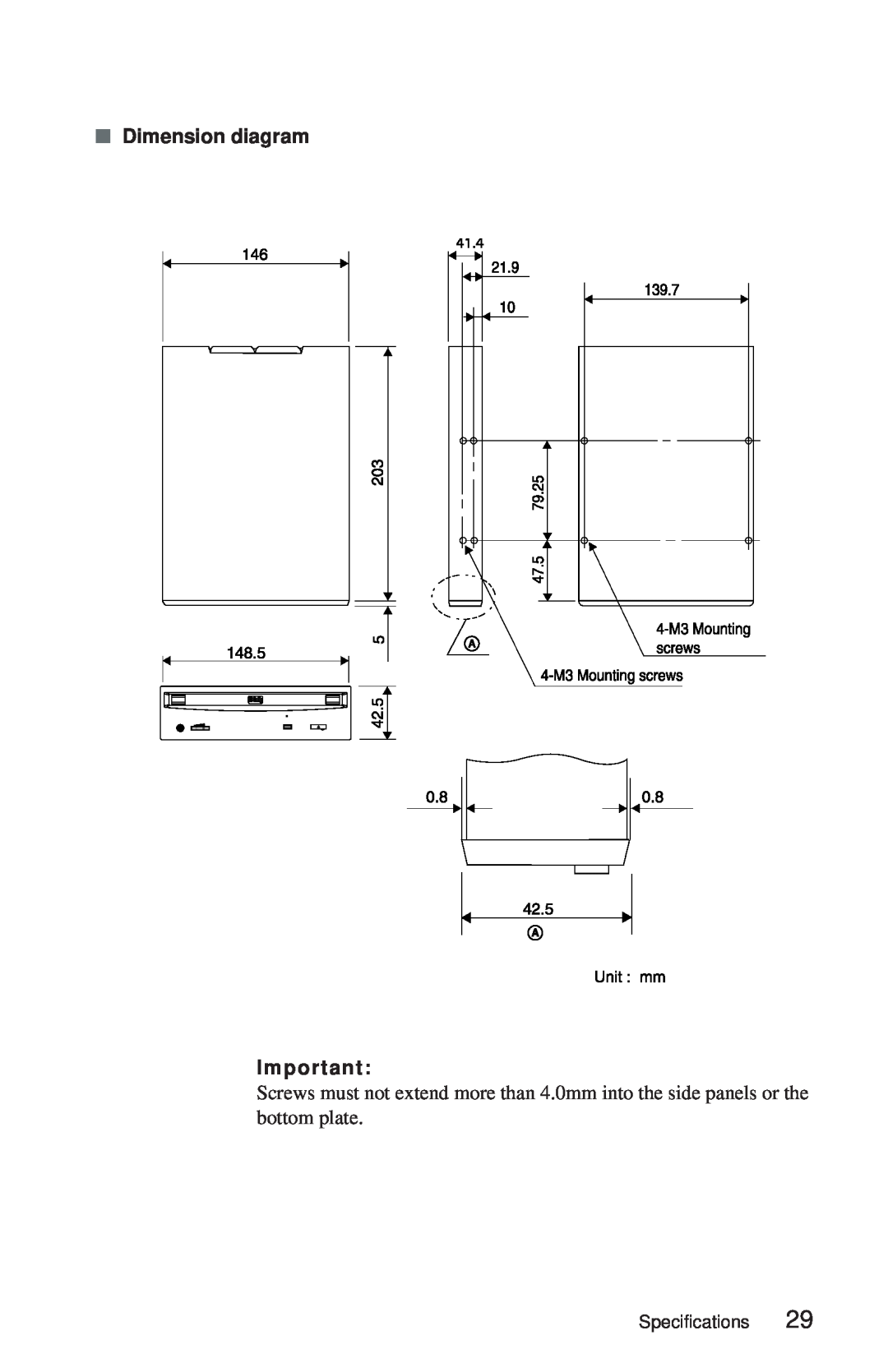 Sony CDU948S manual Dimension diagram, CD Caddy 