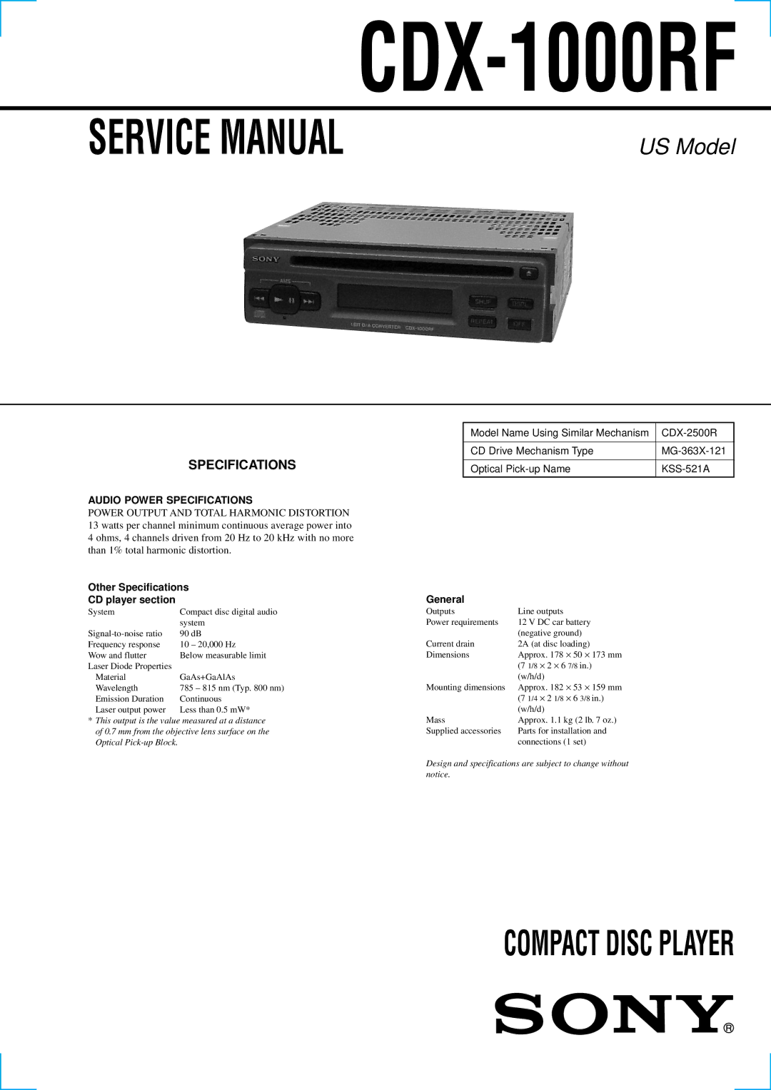 Sony CDX-1000RF service manual Specifications 