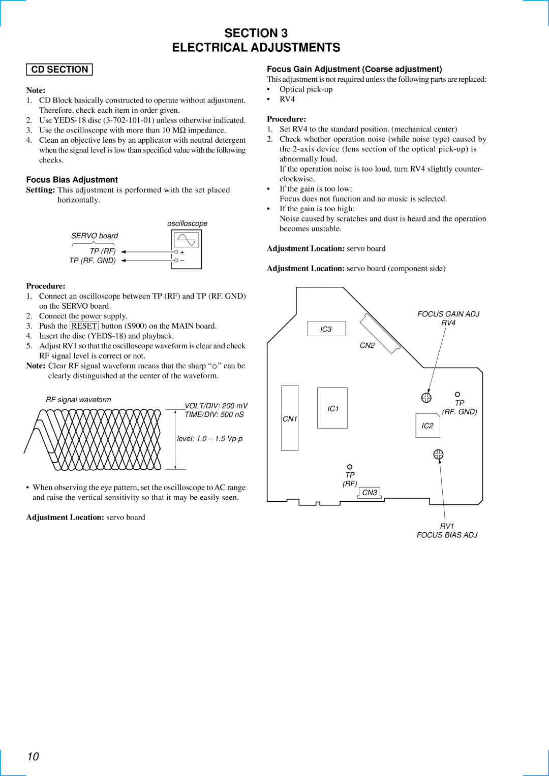 Sony CDX-1000RF service manual Section Electrical Adjustments, CD Section 