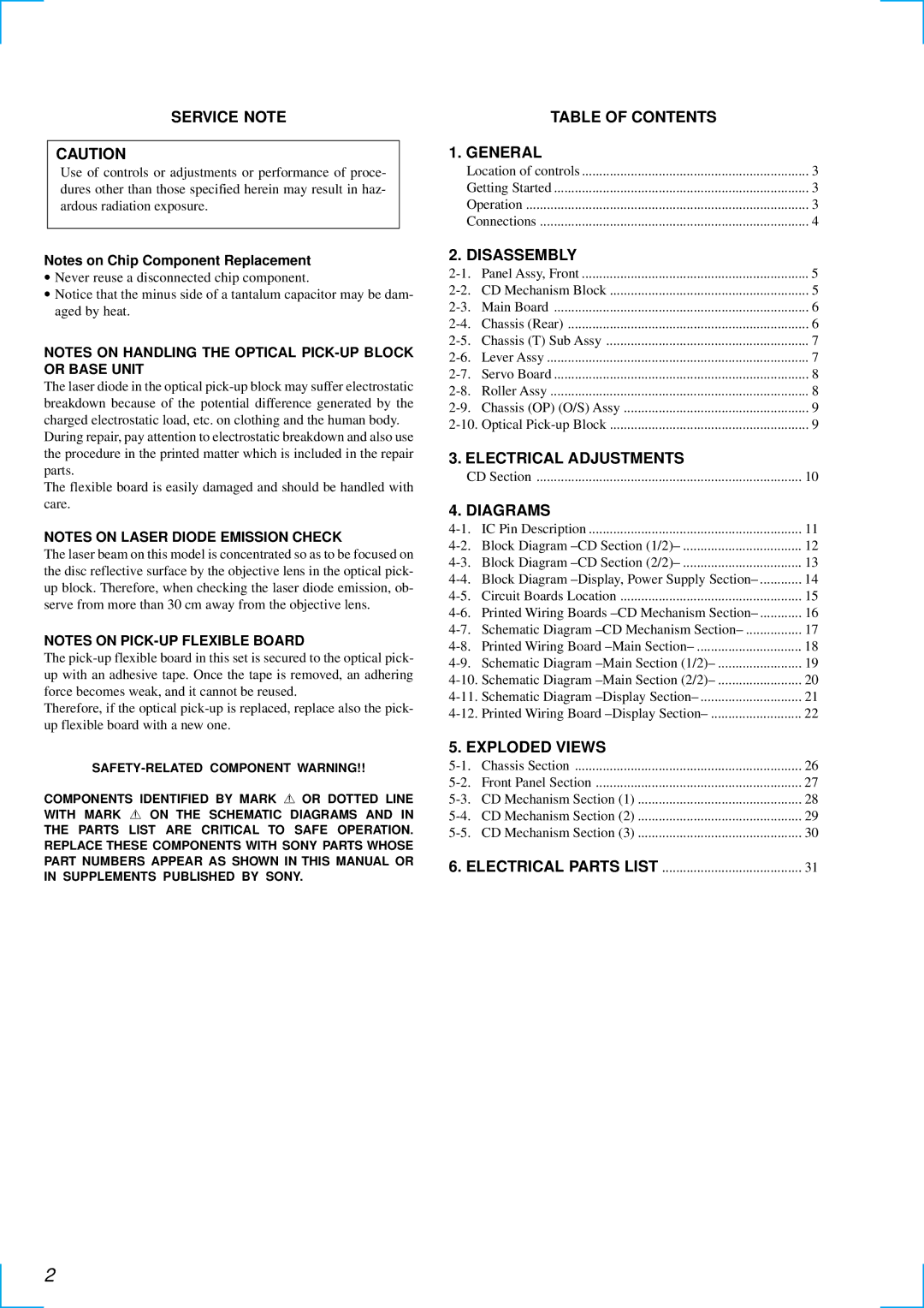 Sony CDX-1000RF Service Note, Table of Contents General, Disassembly, Electrical Adjustments, Diagrams, Exploded Views 