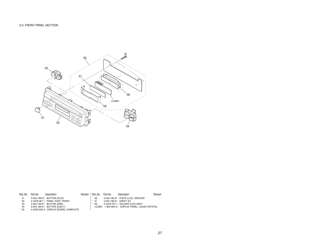 Sony CDX-1000RF service manual Front Panel Section, 55 A-3294-933-A Display BOARD, Complete, Plate LCD, Ground, Sheet D 