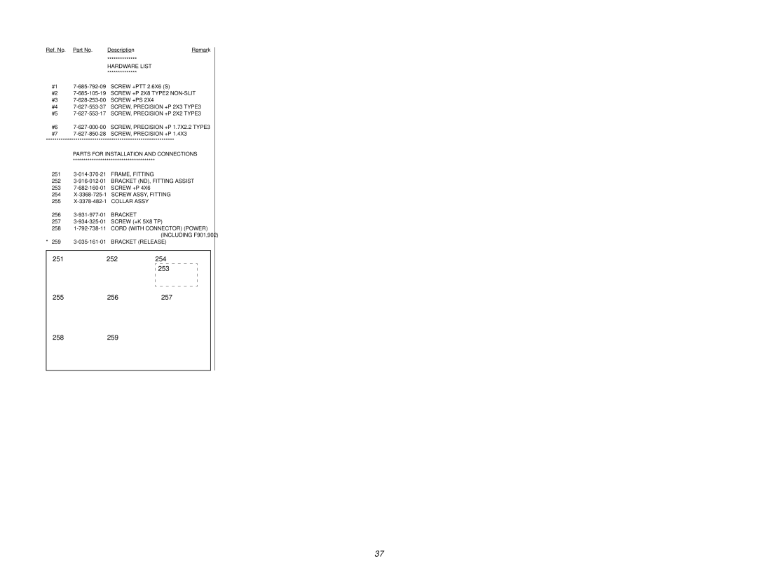 Sony CDX-1000RF service manual Hardware List, Screw +PS, SCREW, Precision +P Parts for Installation and Connections 