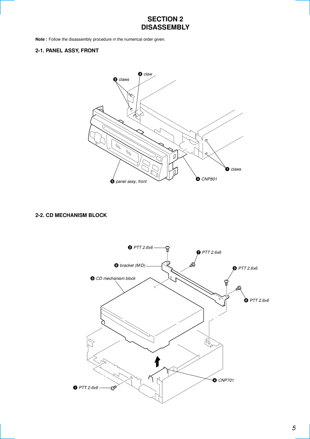 Sony CDX-1000RF service manual Section Disassembly, Panel ASSY, Front, CD Mechanism Block 