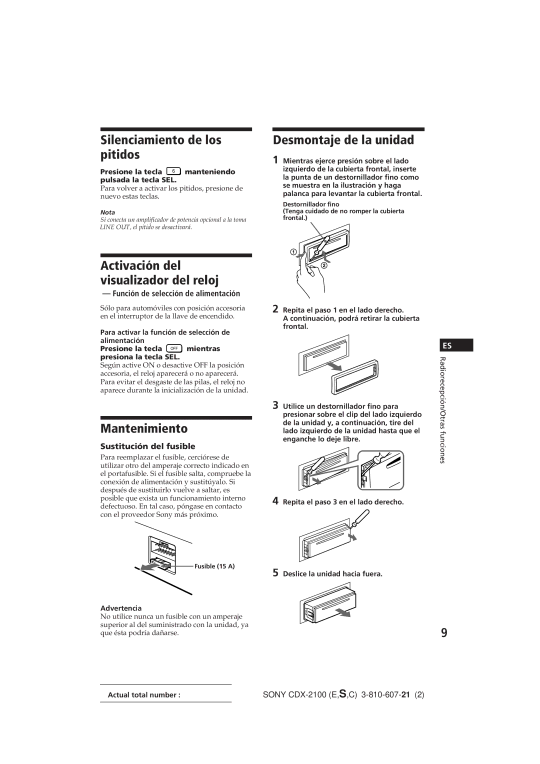 Sony CDX-2100 Silenciamiento de los pitidos, Mantenimiento, Desmontaje de la unidad, Activación del visualizador del reloj 