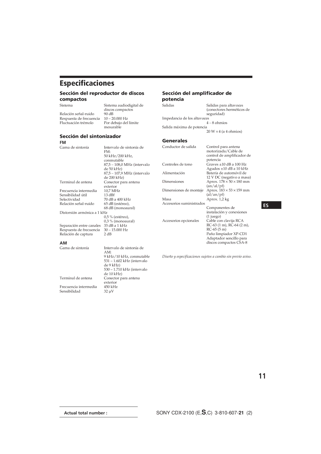 Sony CDX-2100 manual Especificaciones, Sección del reproductor de discos compactos, Sección del amplificador de potencia 