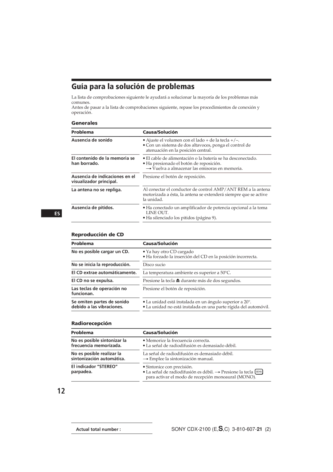 Sony CDX-2100 manual Guía para la solución de problemas, Reproducción de CD, Radiorecepción 