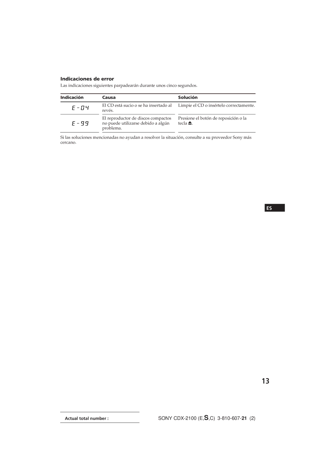 Sony CDX-2100 manual Indicaciones de error, Indicación Causa Solución 