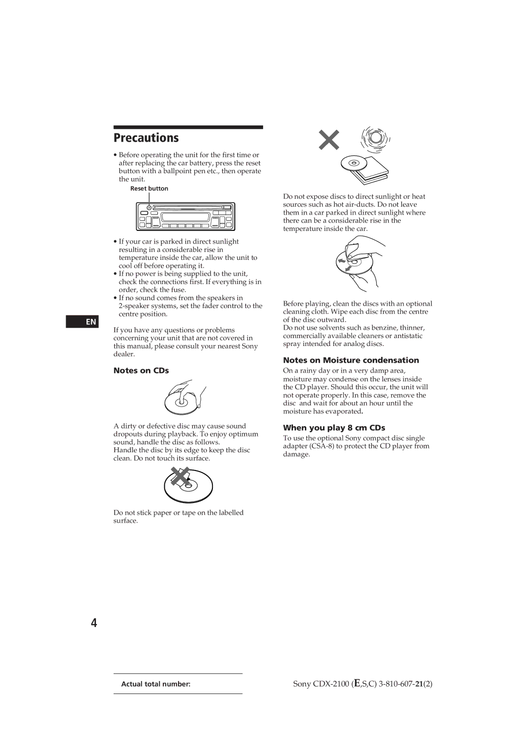 Sony CDX-2100 manual Precautions, When you play 8 cm CDs 