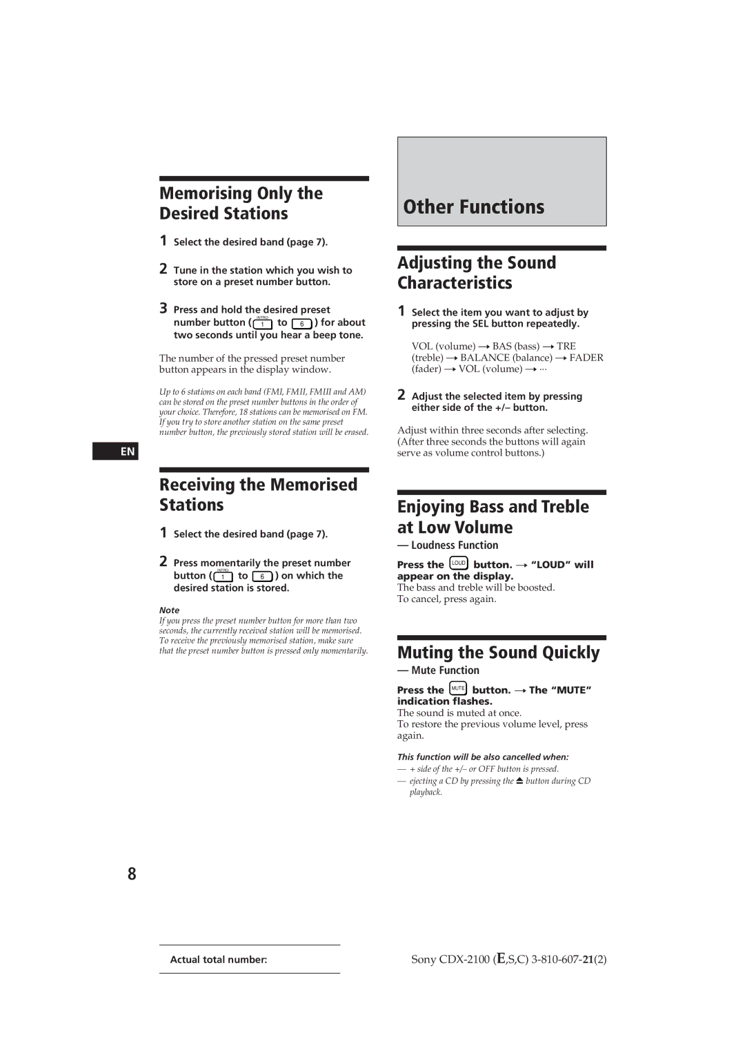 Sony CDX-2100 manual Other Functions, Memorising Only Desired Stations, Receiving the Memorised Stations 