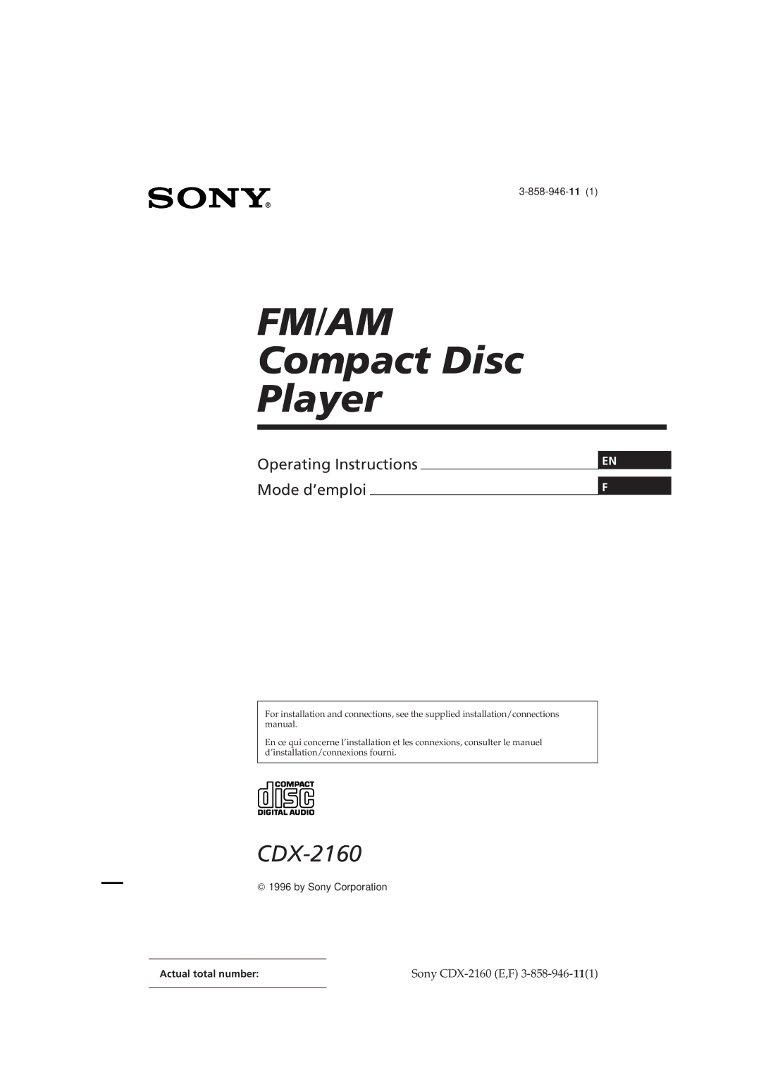 Sony CDX-2160 manual Fm/Am, Actual total number 