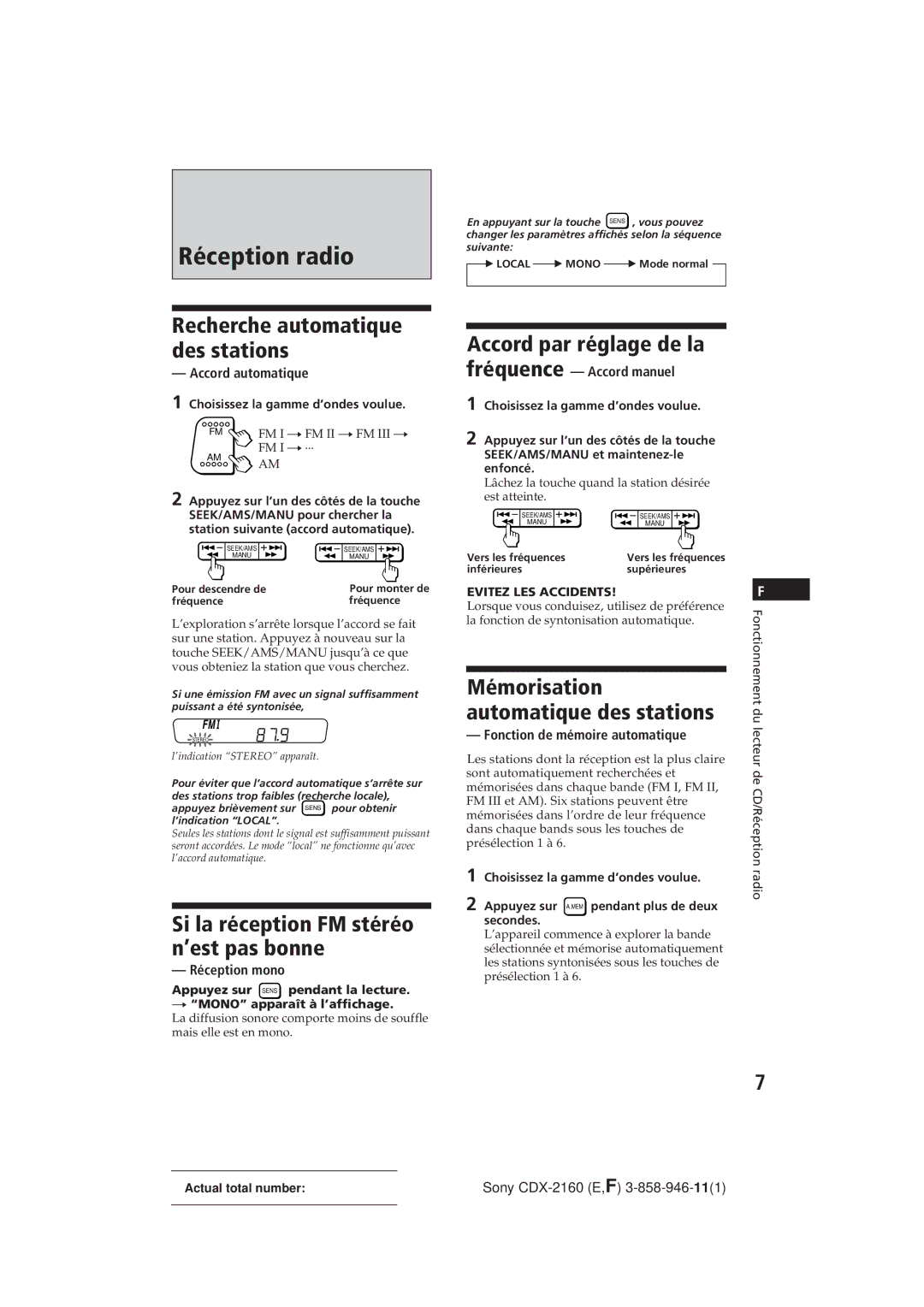 Sony CDX-2160 manual Réception radio, Automatique des stations, Mémorisation 