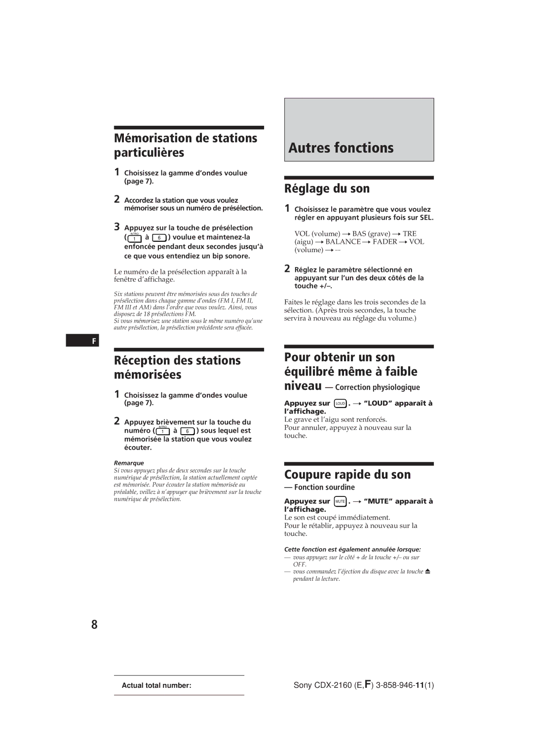 Sony CDX-2160 Autres fonctions, Mémorisation de stations particulières, Réception des stations mémorisées, Réglage du son 