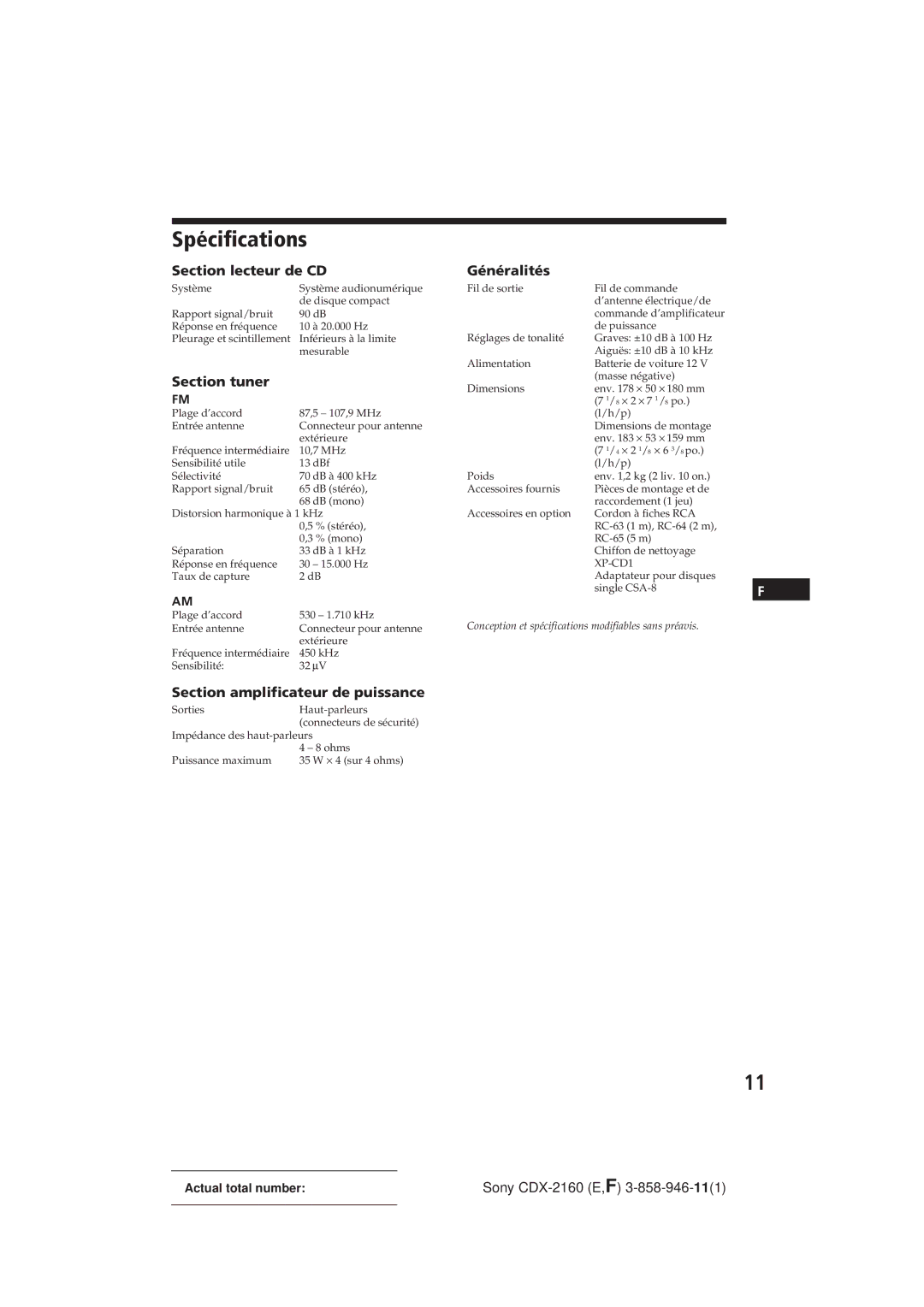 Sony CDX-2160 manual Spécifications, Section lecteur de CD, Section amplificateur de puissance 