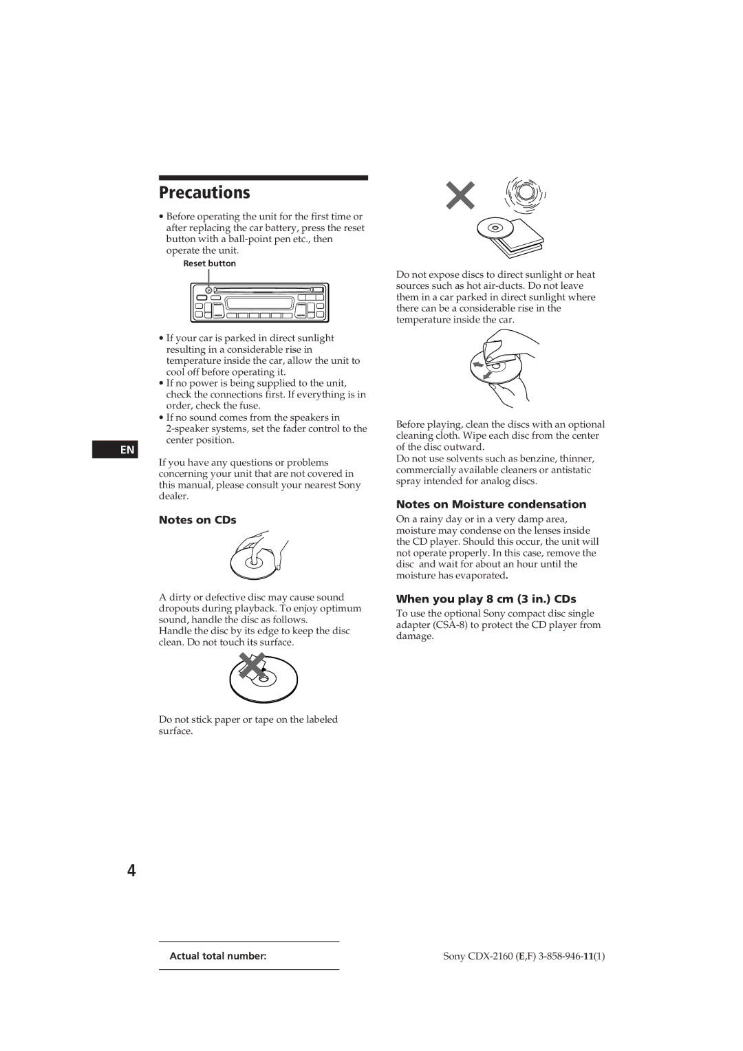 Sony CDX-2160 manual Precautions, When you play 8 cm 3 in. CDs 