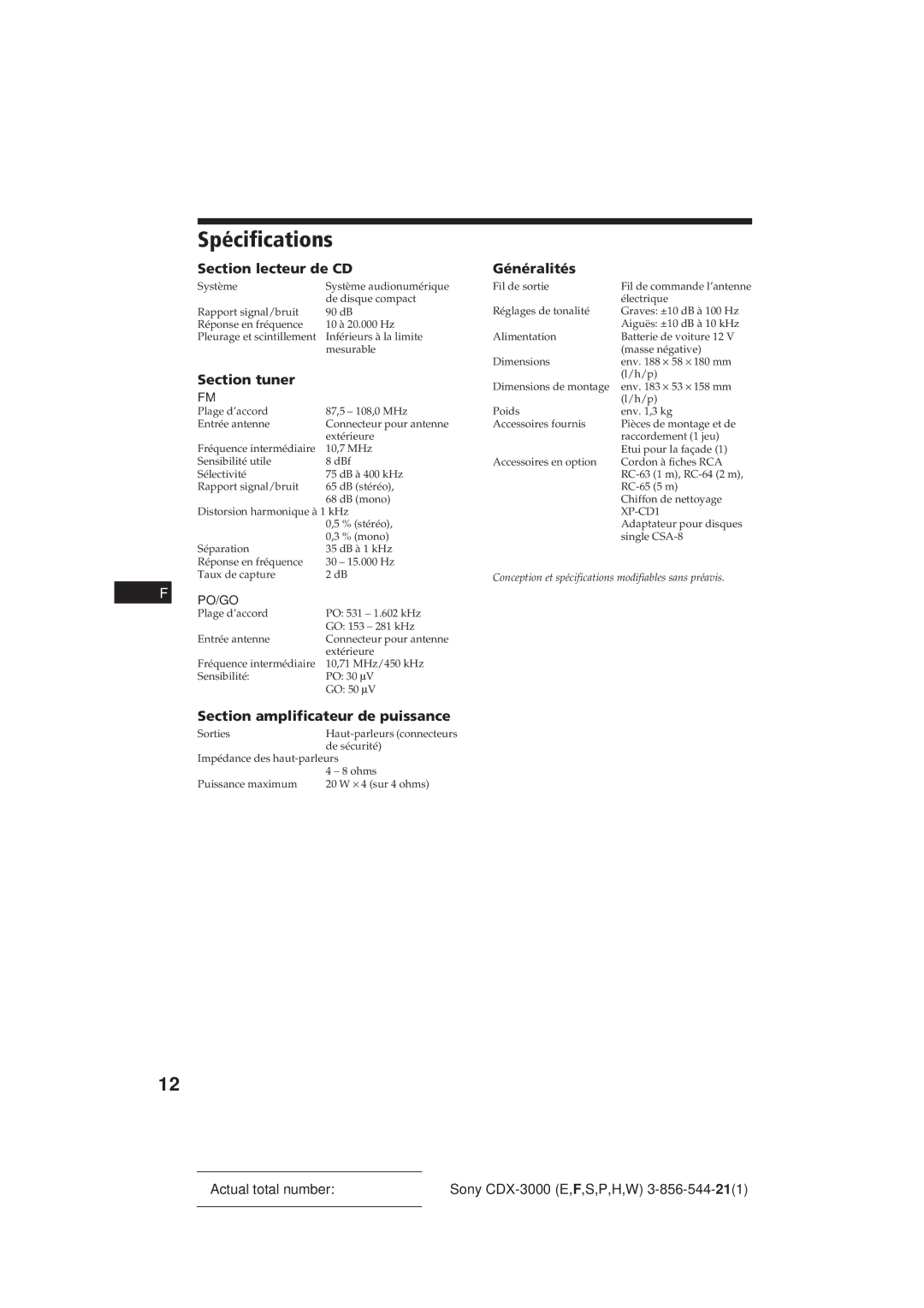 Sony CDX-3000 manual Spécifications, Section lecteur de CD, Section amplificateur de puissance 