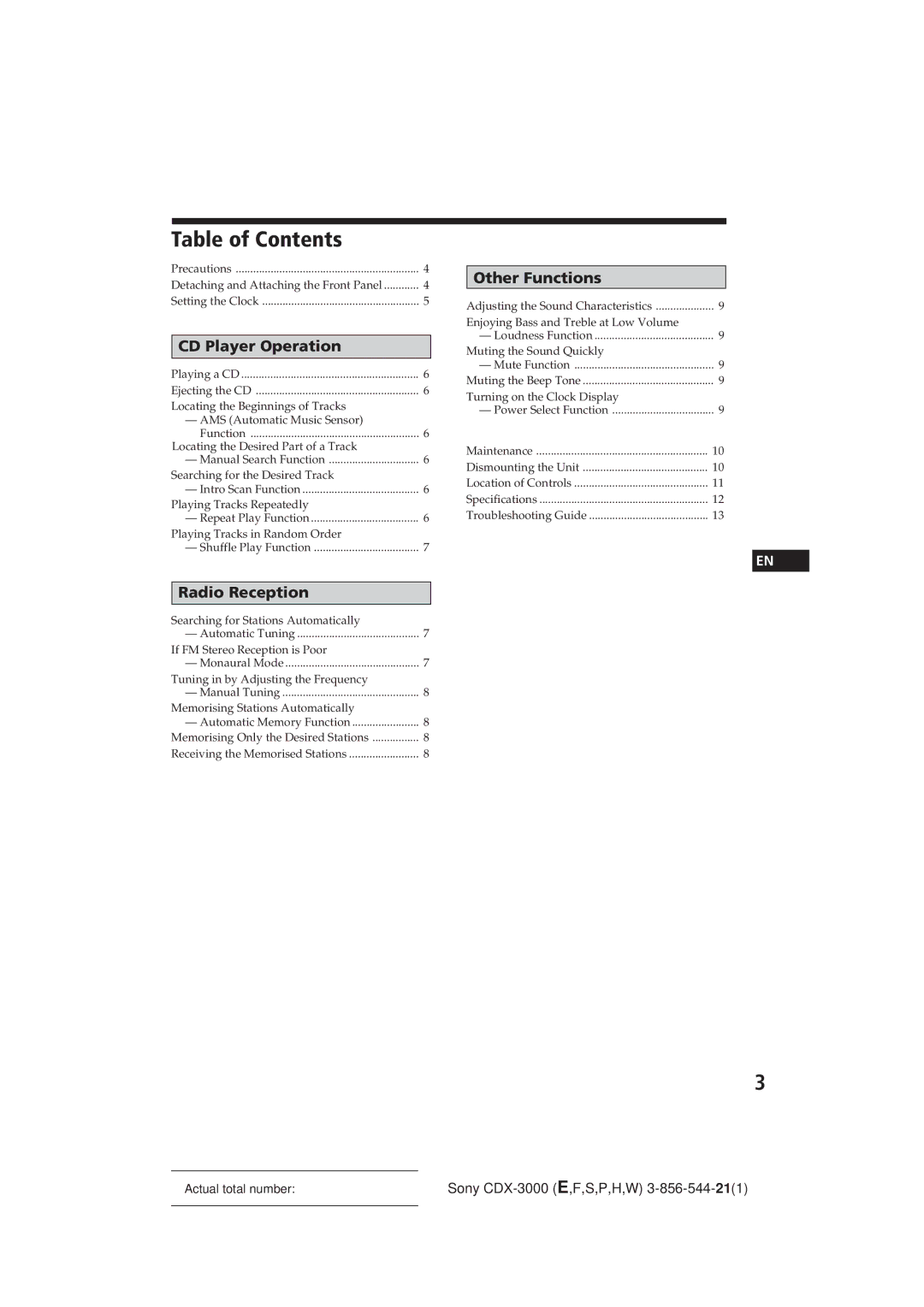 Sony CDX-3000 manual Table of Contents 