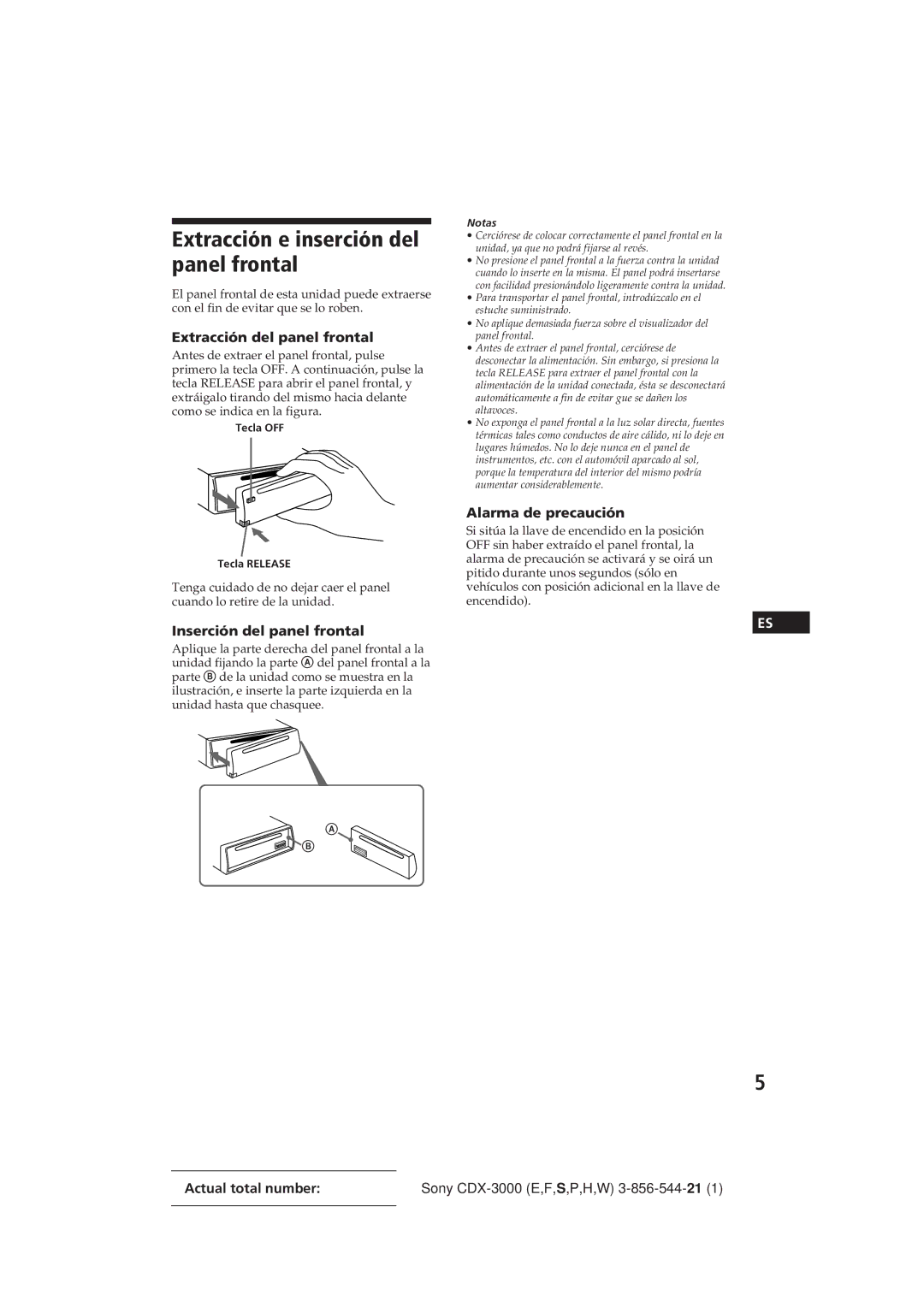 Sony CDX-3000 Extracción e inserción del panel frontal, Extracción del panel frontal, Inserción del panel frontal, Notas 