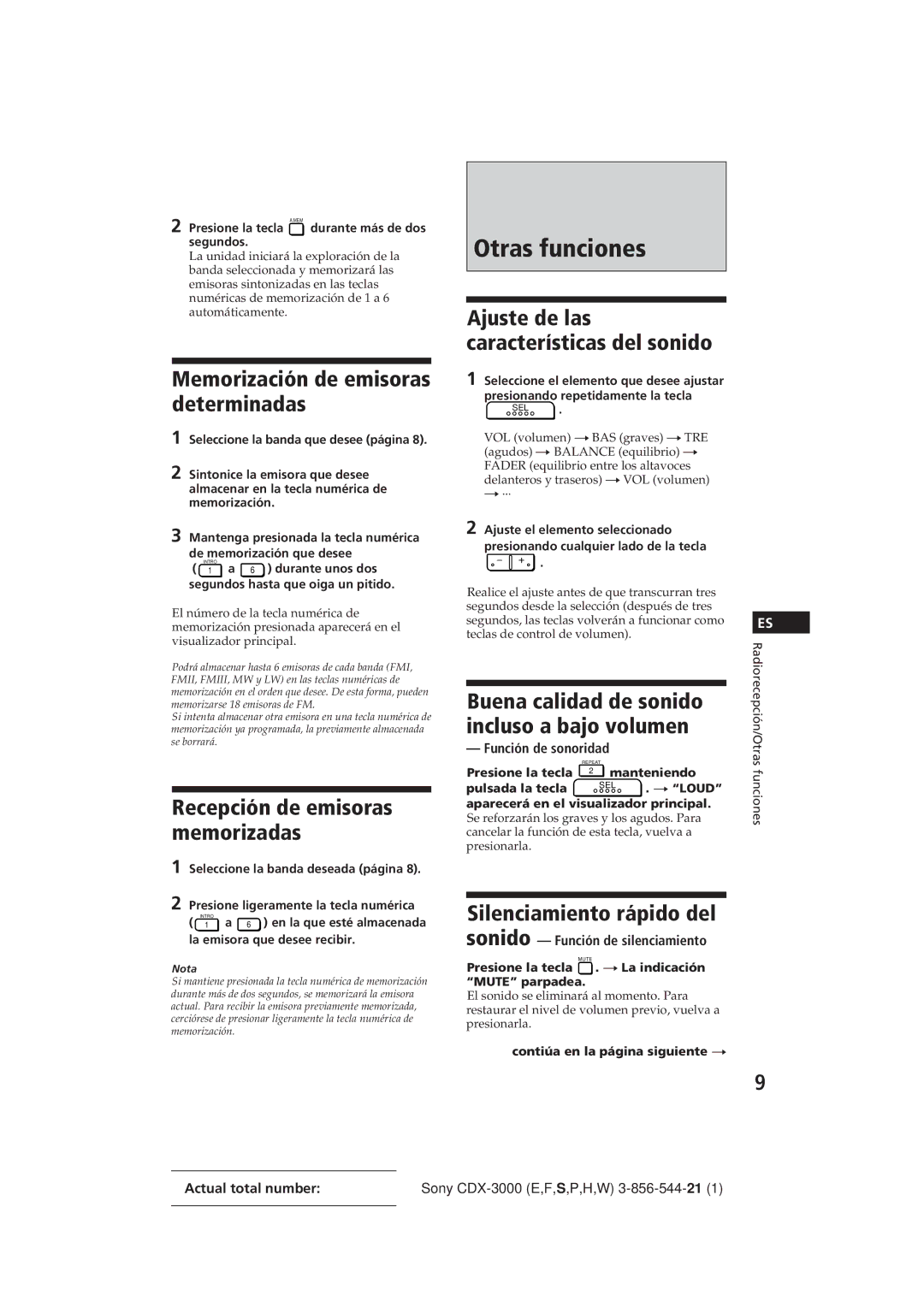 Sony CDX-3000 manual Otras funciones, Memorización de emisoras determinadas, Buena calidad de sonido Incluso a bajo volumen 