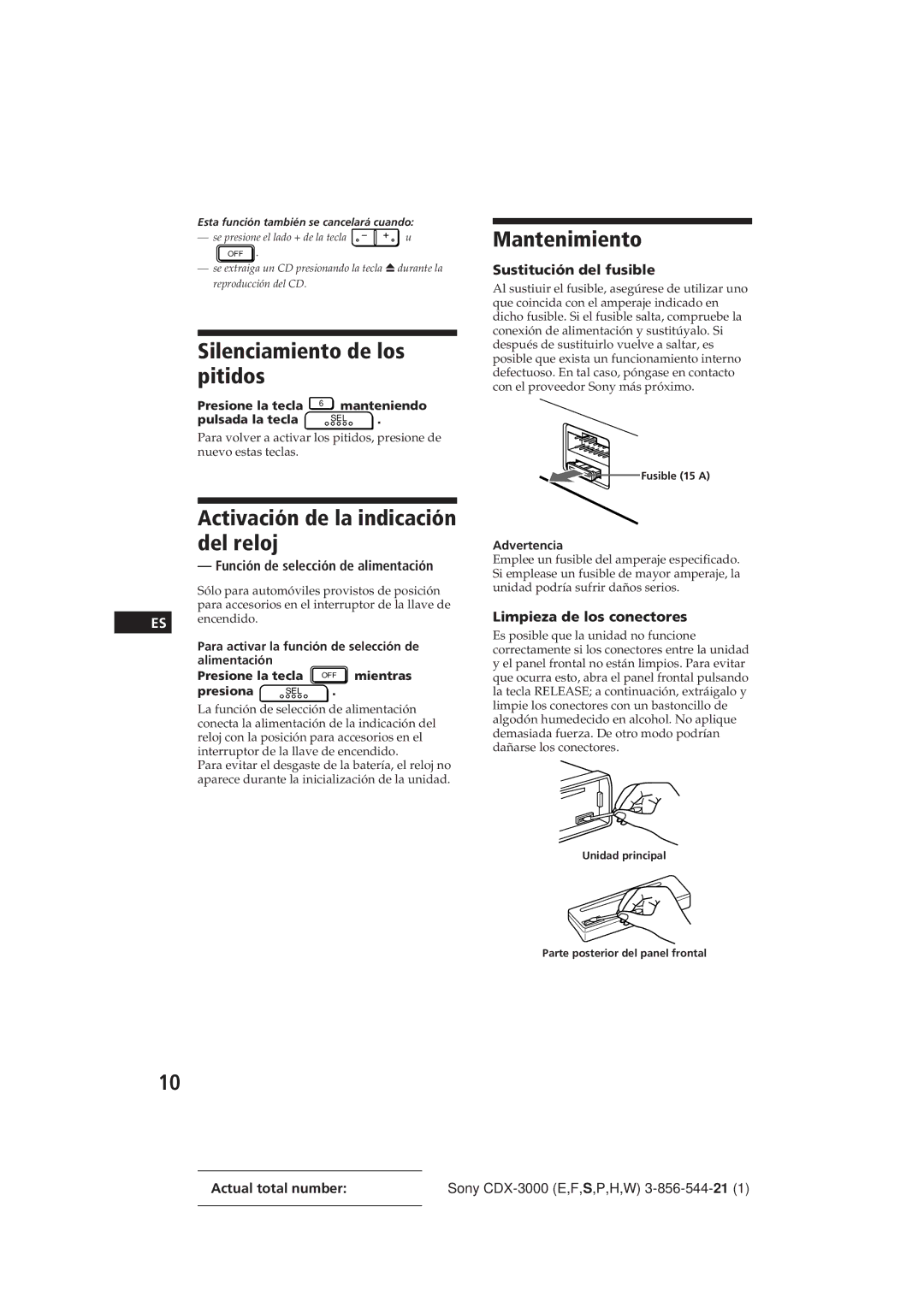 Sony CDX-3000 manual Silenciamiento de los pitidos, Mantenimiento, Activación de la indicación del reloj 