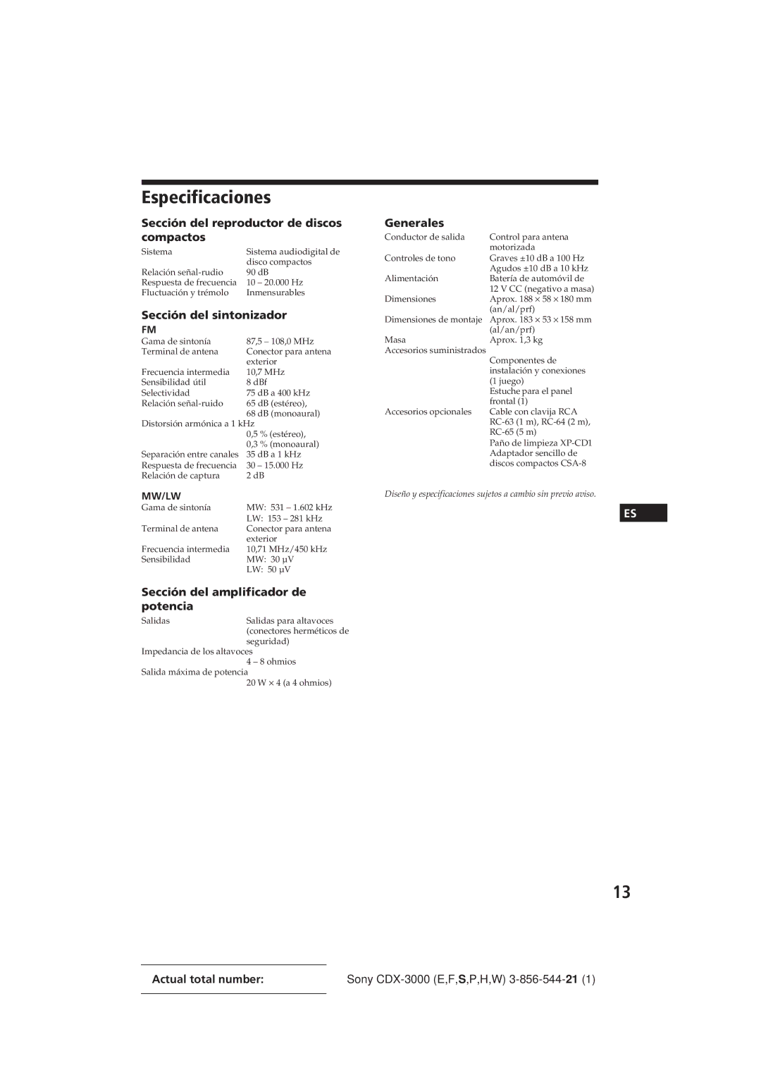 Sony CDX-3000 manual Especificaciones, Sección del reproductor de discos compactos, Sección del amplificador de potencia 