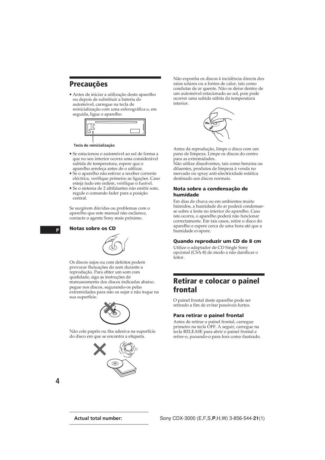 Sony CDX-3000 manual Precauções, Retirar e colocar o painel frontal 