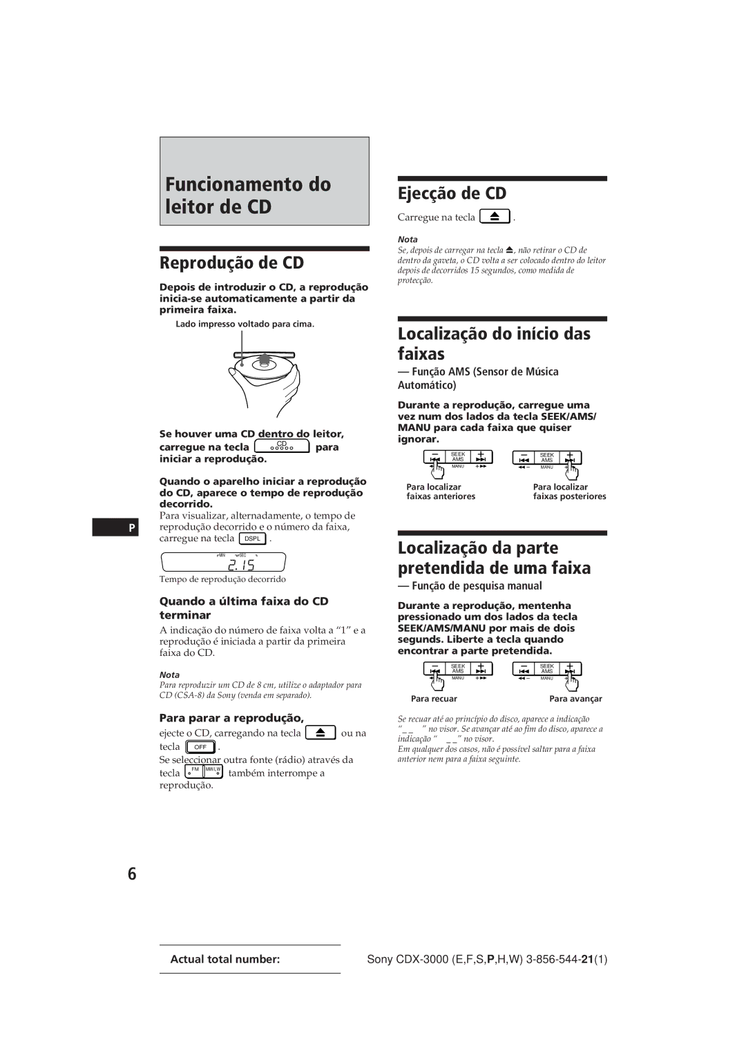 Sony CDX-3000 manual Funcionamento do leitor de CD, Reprodução de CD, Ejecção de CD, Localização do início das faixas 