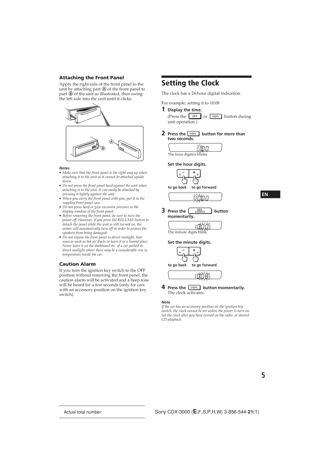 Sony CDX-3000 manual Setting the Clock, Attaching the Front Panel 